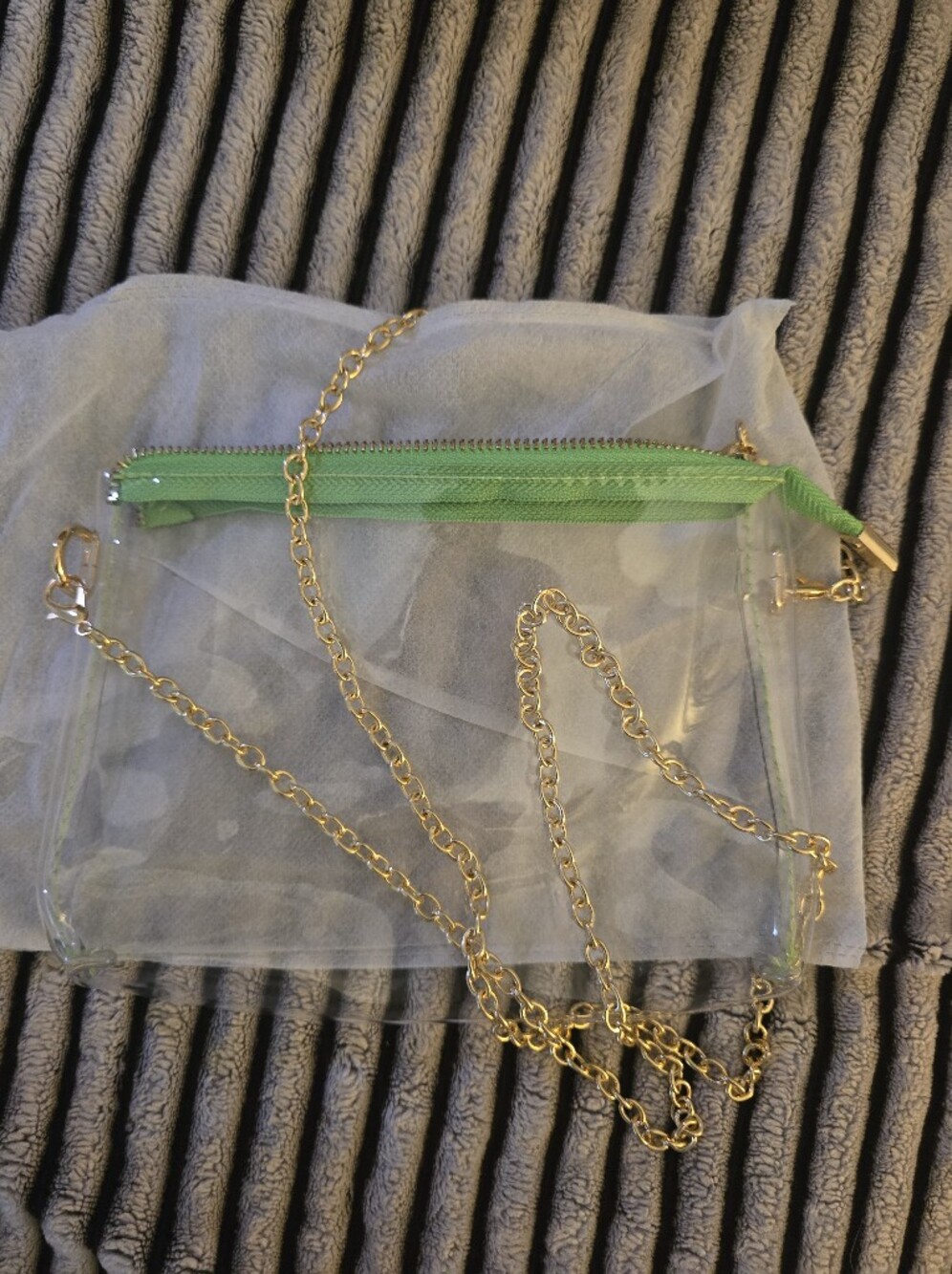 Clear Crossbody Bag with Green Trim and Gold Chain For Festival Concert Game Day